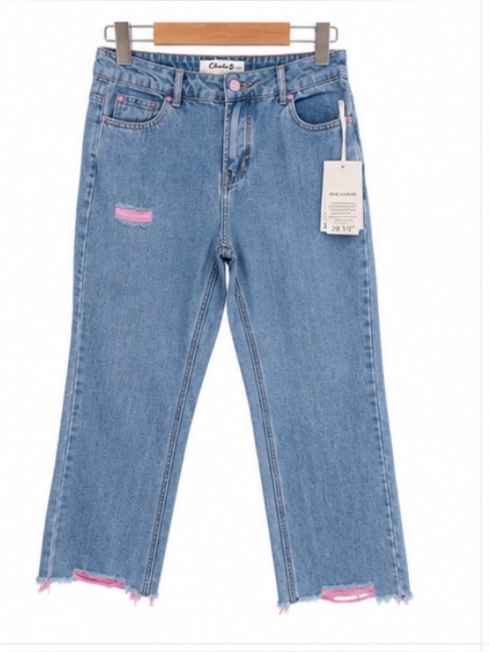 CHARLIE B Cropped Flare Capri Jeans Pink Frayed Hem Stretch Denim Size 26.5 NWT